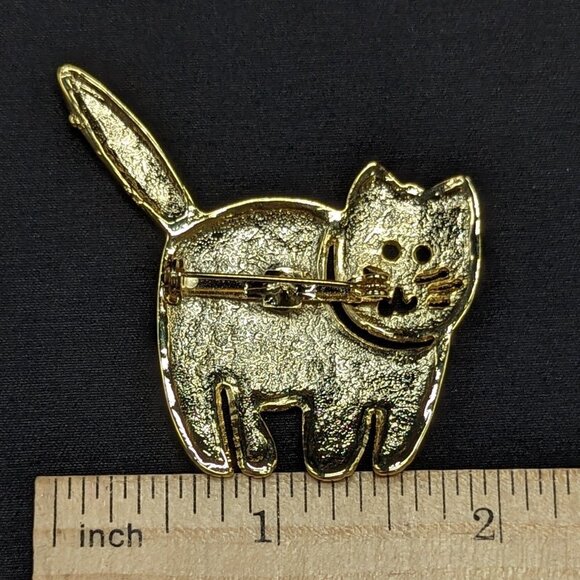 Vintage Chonky Cat Brooch Pin Gold-Tone Kitty - Picture 2 of 2